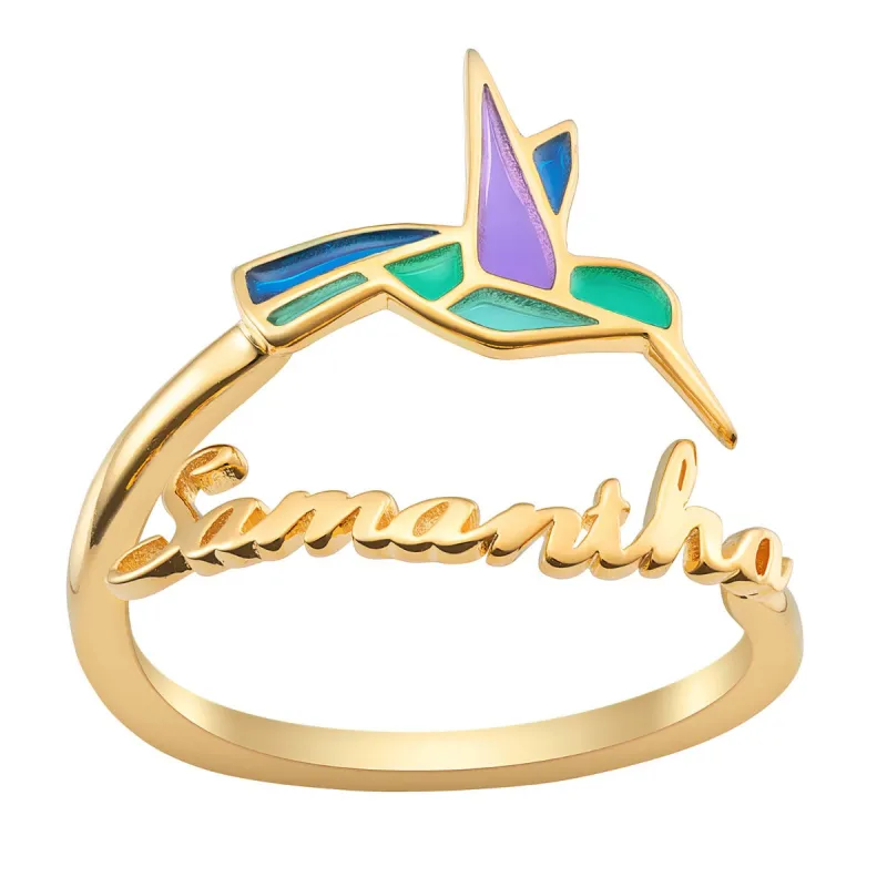 14K Gold Plated Script Name with Enamel Hummingbird Bypass Ring sold by Limoges Jewelry