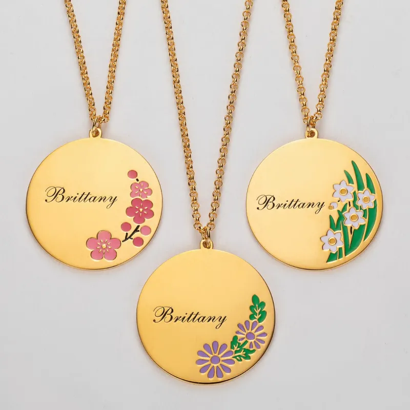 14K Gold Plated Engraved Name and Enamel Birth Flower Necklace sold by Limoges Jewelry