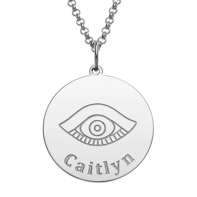 Silver Plated Engraved Name and Evil Eye Disc Necklace sold by Limoges Jewelry
