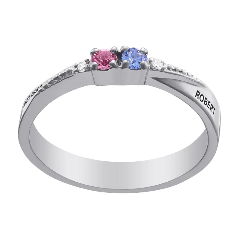 Sterling Silver Couples Name and Birthstone Ring with Diamond Accent sold by Limoges Jewelry