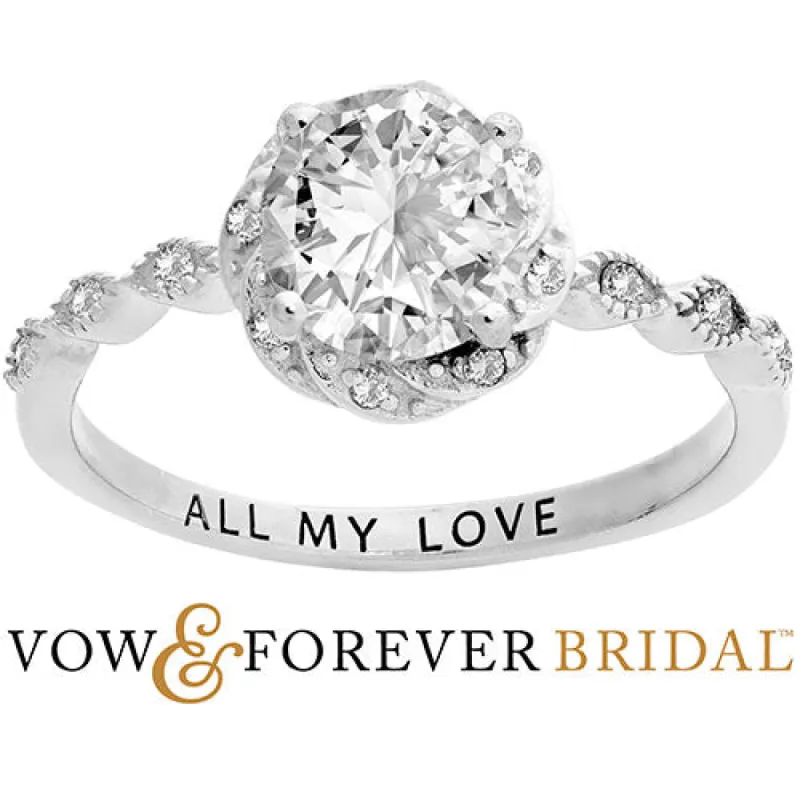 Platinum over Sterling White Topaz with Halo Diamond Accent Engraved Engagement Ring sold by Limoges Jewelry