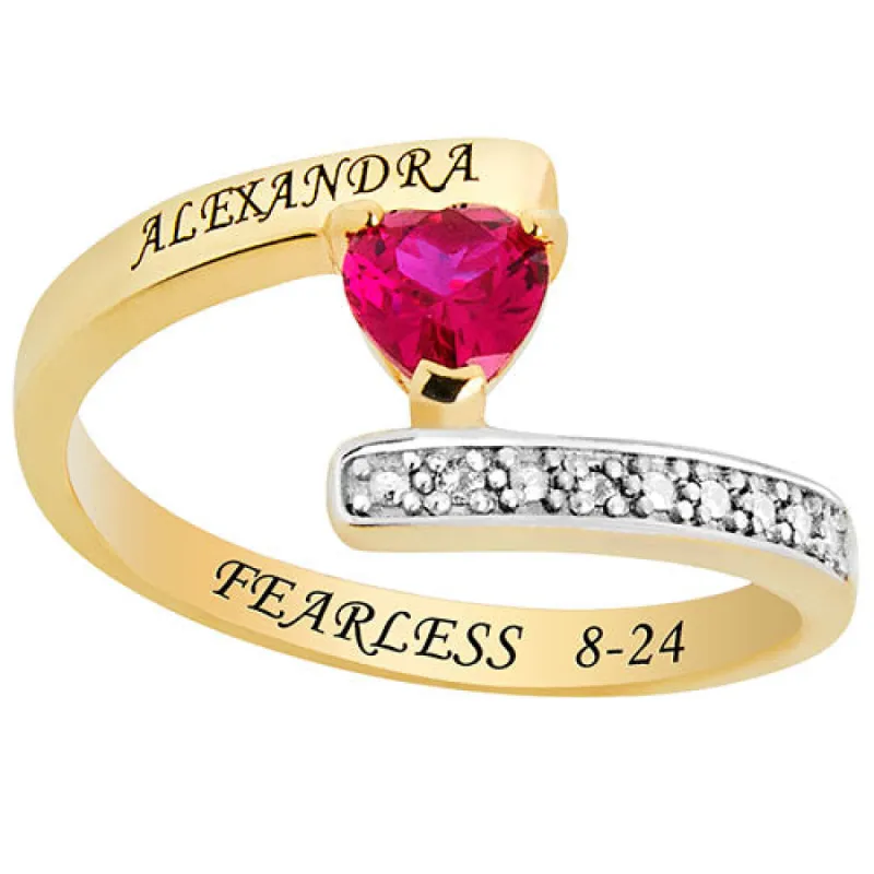 14K Gold over Sterling Heart Birthstone Bypass Diamond Accent Class Ring sold by Limoges Jewelry