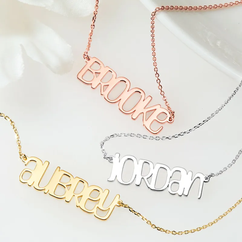 Sterling Silver Lowercase Playful Font Name Plaque Necklace sold by Limoges Jewelry