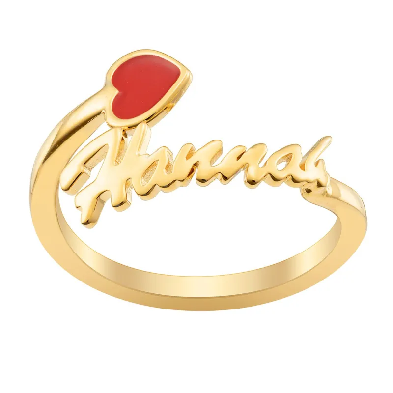 14K Gold Plated Script Name with Enamel Heart Bypass Ring sold by Limoges Jewelry