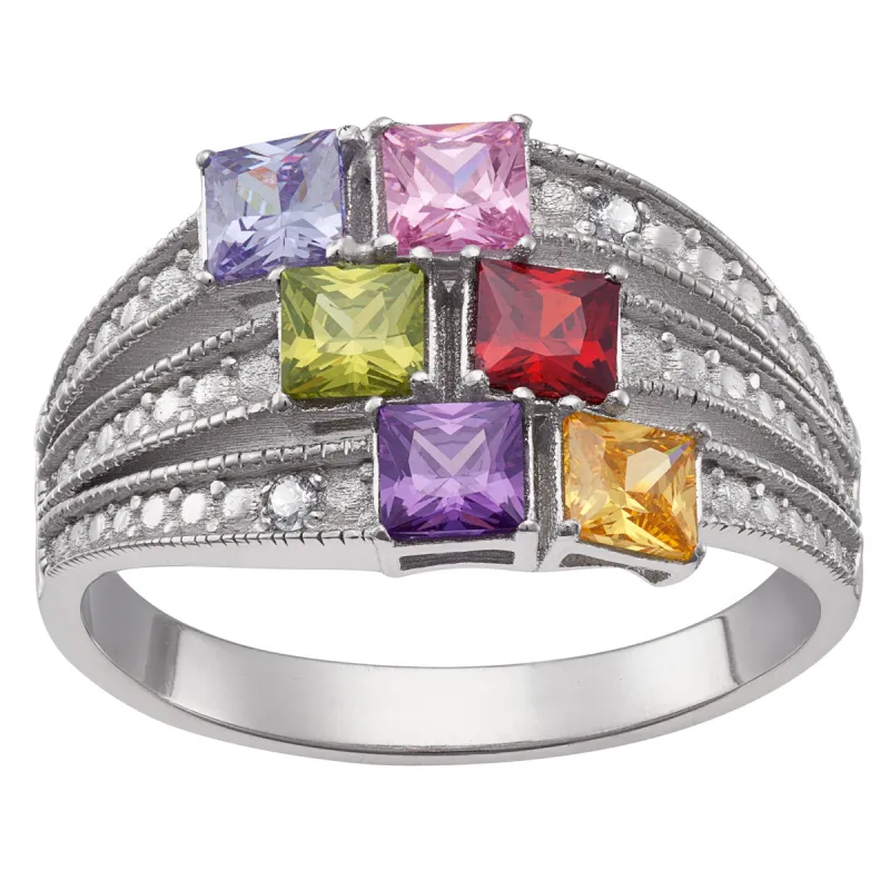 Sterling Silver Square Family Birthstone Ring with Diamond Accent sold by Limoges Jewelry