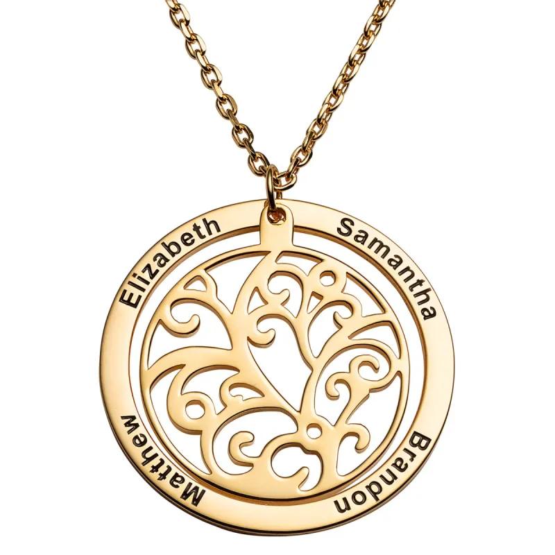 14K Gold over Sterling Engraved Family Name with Filigree Disc Necklace sold by Limoges Jewelry