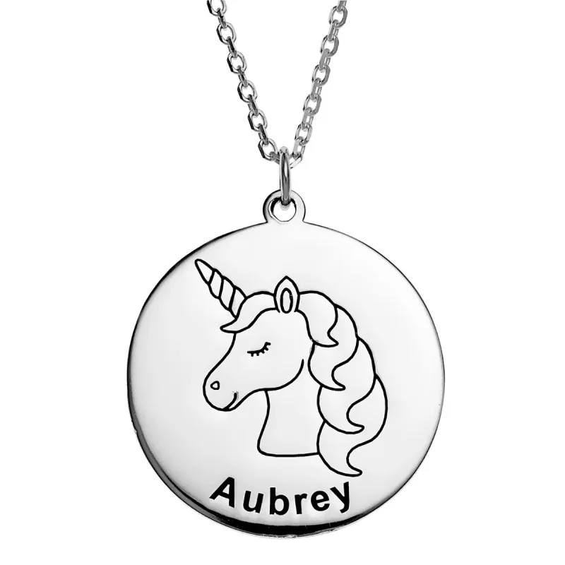 Sterling Silver Name Disc with Unicorn Necklace sold by Limoges Jewelry