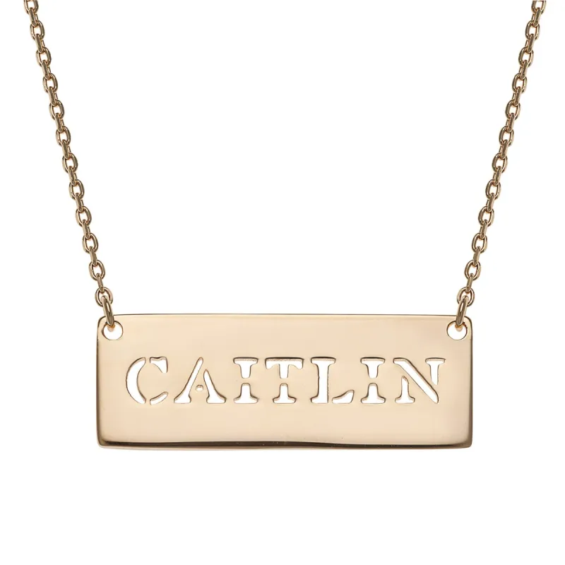 14K Gold over Sterling  Cut-Out Name Bar Necklace sold by Limoges Jewelry