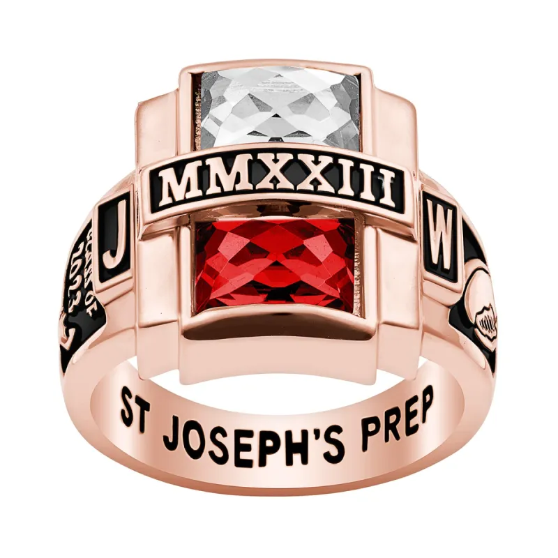 Men's 14K Rose Gold Plated Double Birthstone Rectangle Class Ring sold by Limoges Jewelry