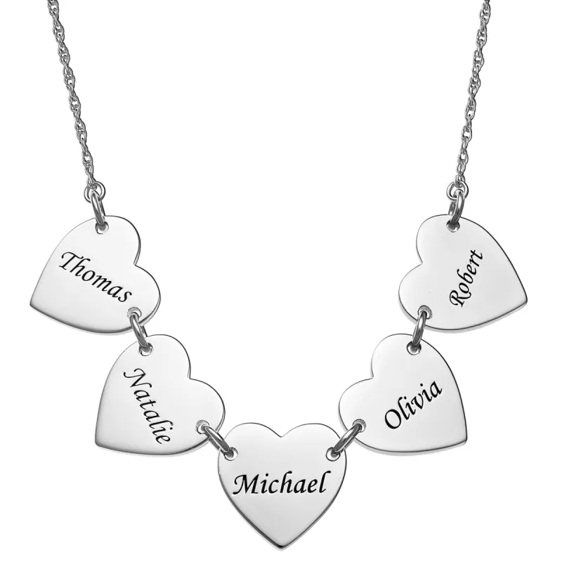 Sterling Silver Engraved Name Heart Station Necklace - 5 Names sold by Limoges Jewelry