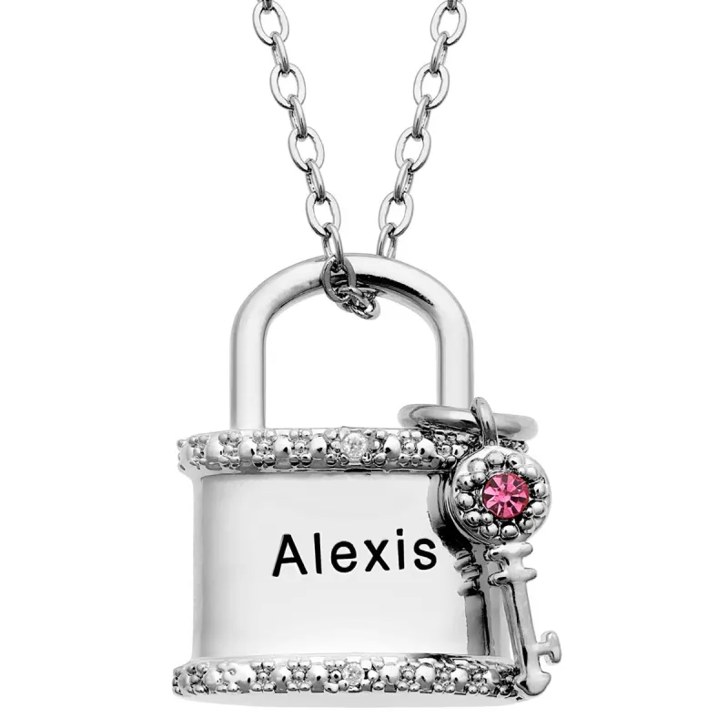 Silver Plated Engraved Name and Birthstone Diamond Accent Lock and Key Necklace sold by Limoges Jewelry