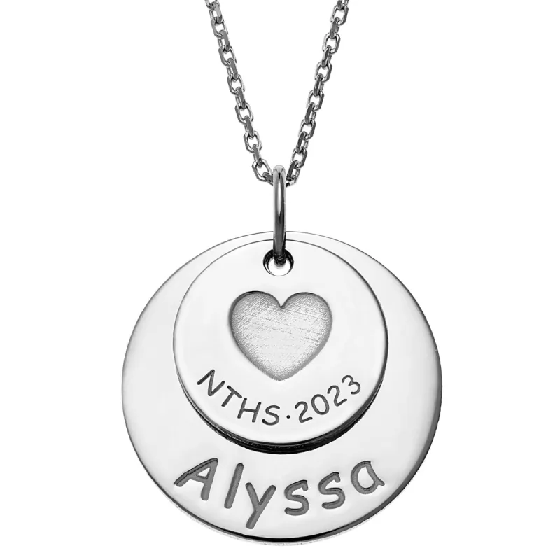 Sterling Silver Graduation Double Disc with Engraved Heart Necklace sold by Limoges Jewelry