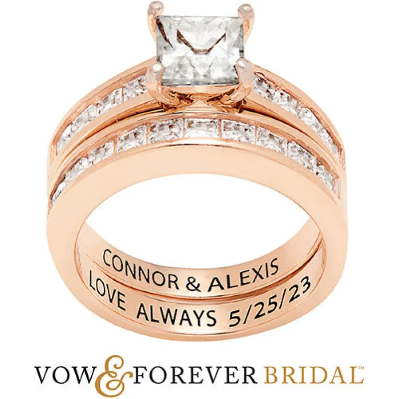 14K Rose Gold over Sterling Square White Topaz 2 Piece Engraved Wedding Set sold by Limoges Jewelry