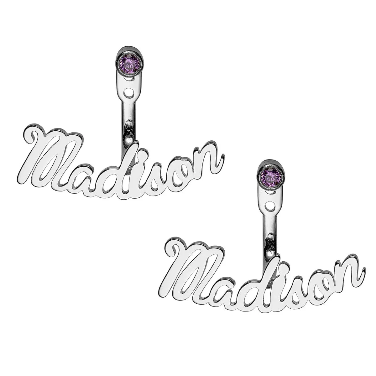 Silver Plated Script Name and Birthstone Front/ Back Earrings sold by Limoges Jewelry