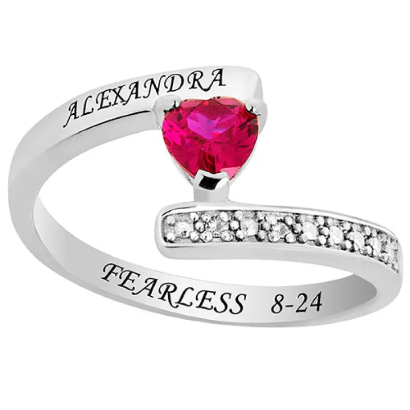 Sterling Silver Heart Birthstone Bypass Diamond Accent Class Ring sold by Limoges Jewelry