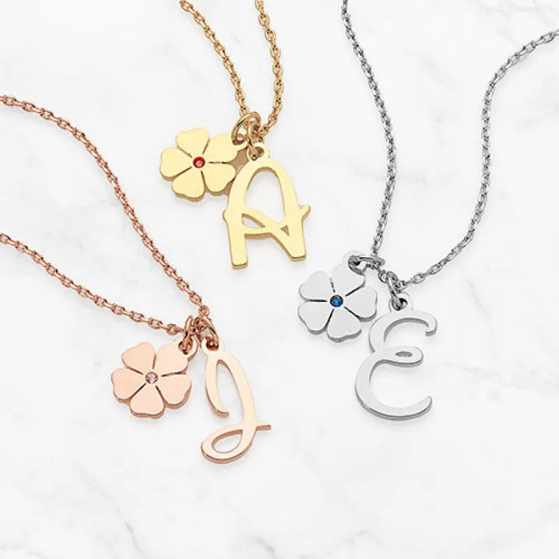 Whimsical Initial and Birthstone Flower Necklace sold by Limoges Jewelry