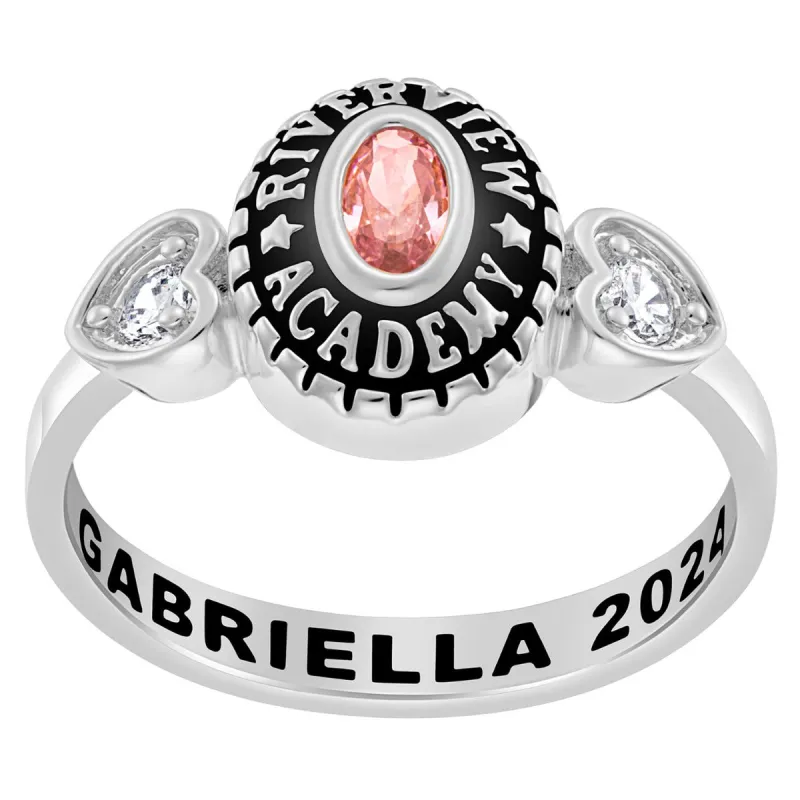 Ladies Sterling Silver Traditional Oval Stone & CZ Heart Class Ring sold by Limoges Jewelry