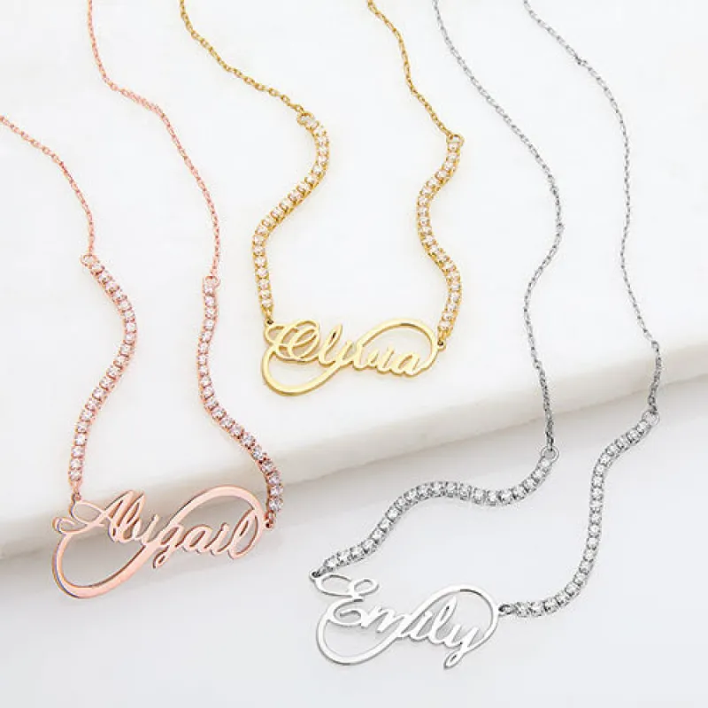 Infinity Script Name Plaque CZ Chain Necklace sold by Limoges Jewelry
