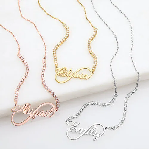 Infinity Script Name Plaque CZ Chain Necklace sold by Limoges Jewelry