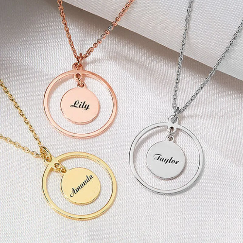 Sterling Silver Engraved Double Circle Pendant Necklace sold by Limoges Jewelry