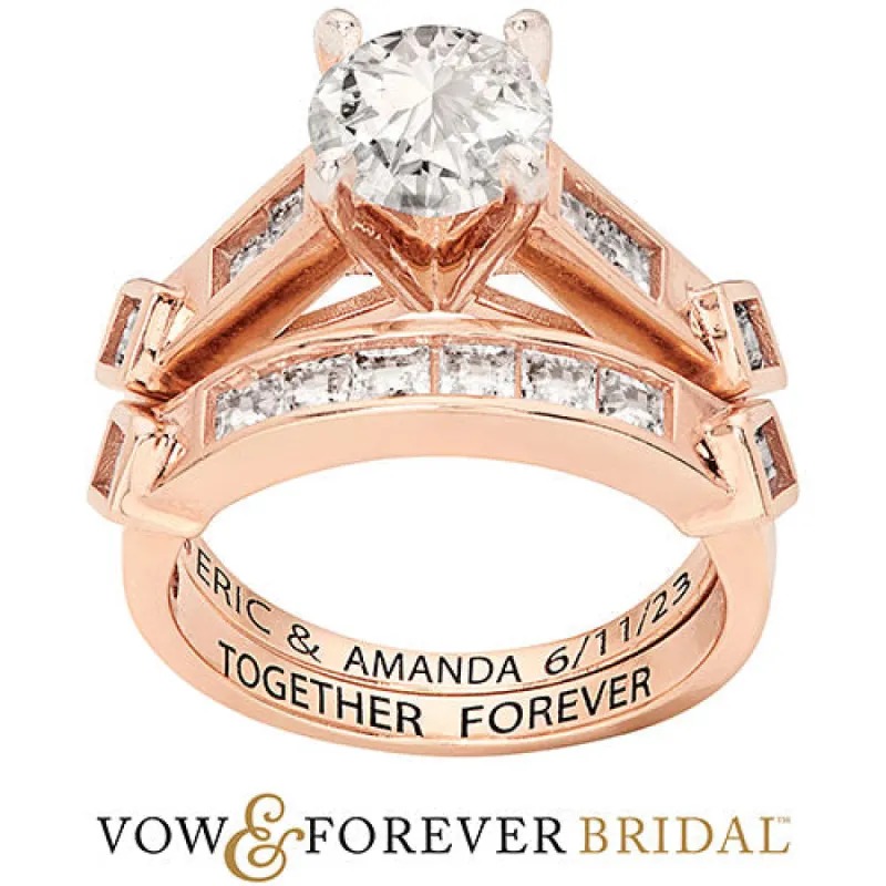 14K Rose Gold over Sterling Brilliant White Topaz 2 Piece Engraved Wedding Set sold by Limoges Jewelry