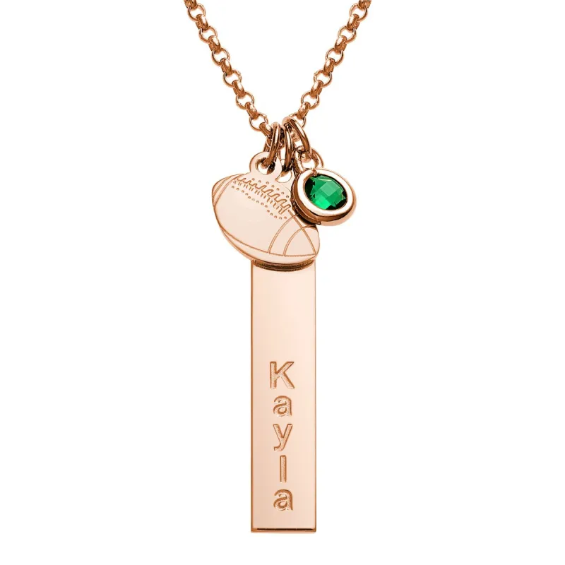 14K Rose Gold Plated Name Necklace with Football Charm and Birthstone Dangle sold by Limoges Jewelry