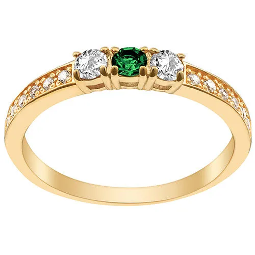 14K Gold Plated Simulated Emerald and Clear Crystal 3-Stone Ring sold by Limoges Jewelry