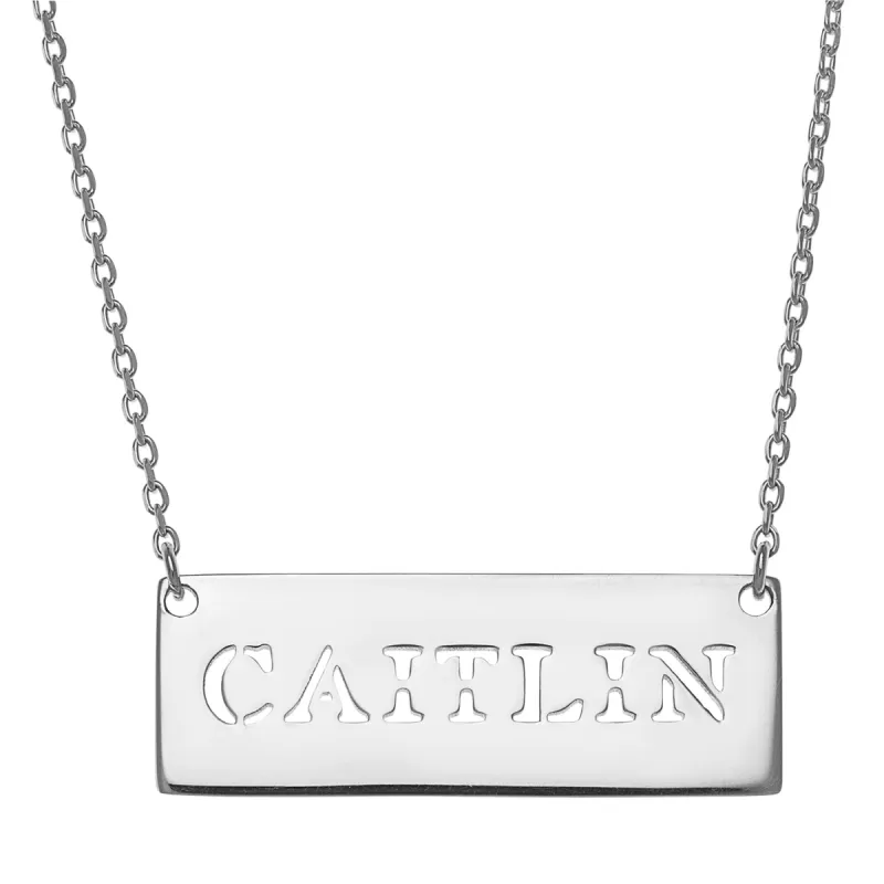 Sterling Silver Cut-Out Name Bar Necklace sold by Limoges Jewelry