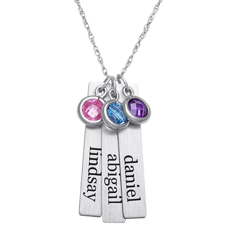 Sterling Silver Brushed Engraved Name with Birthstone 3 Tag Pendant sold by Limoges Jewelry