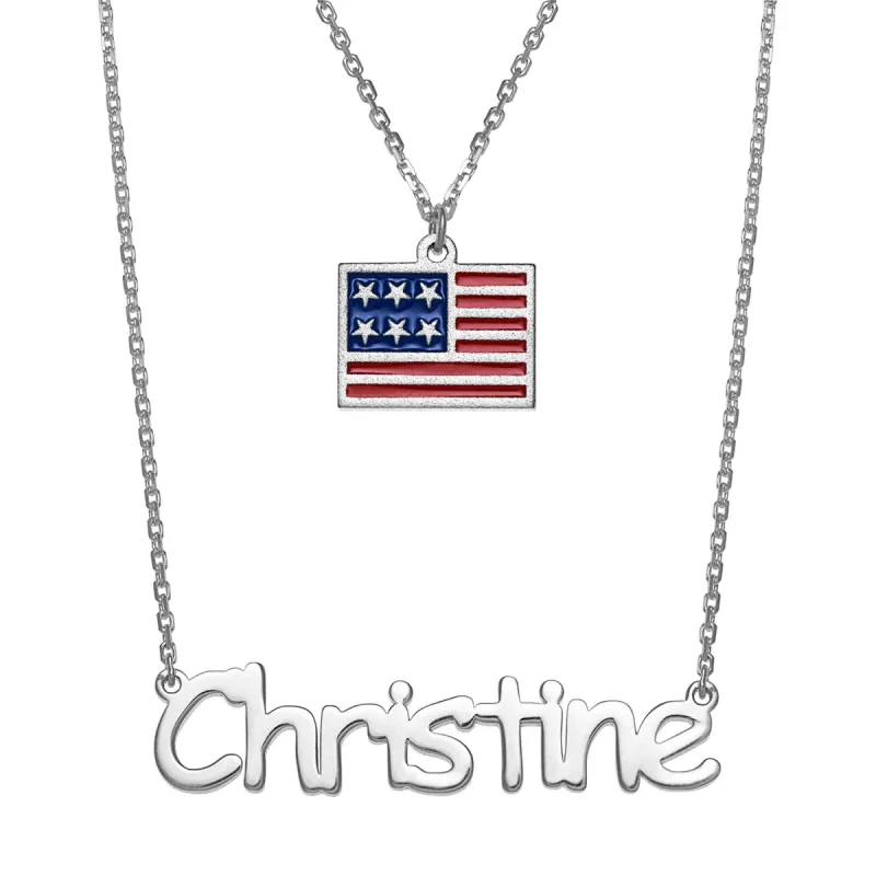 Patriotic Name with Enamel Flag Charm Layered Double Necklace sold by Limoges Jewelry