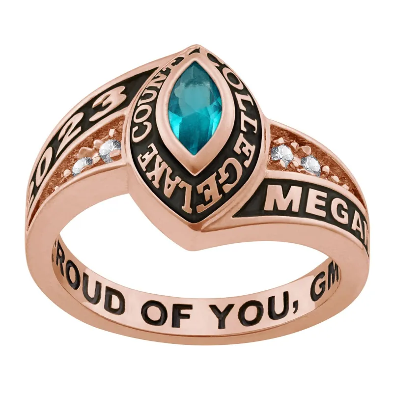 Ladies 14K Rose Gold over Sterling Marquise Birthstone and CZ Class Ring sold by Limoges Jewelry
