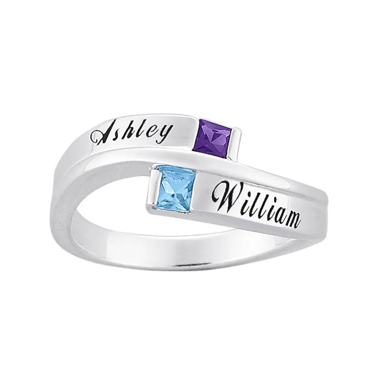 10K White Couples Square Birthstone Name Ring sold by Limoges Jewelry
