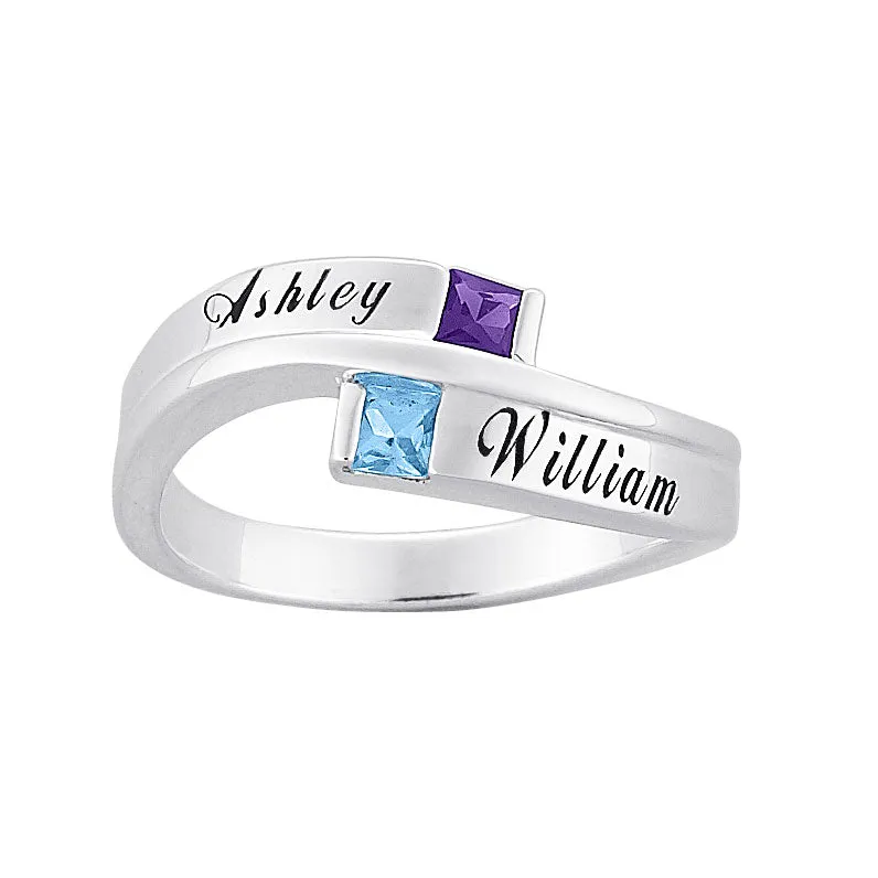 10K White Couples Square Birthstone Name Ring sold by Limoges Jewelry