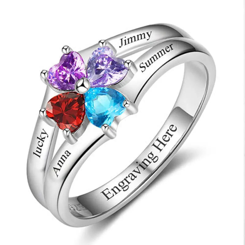 Sterling Silver Engraved Heart Birthstone 4-Stone Family Ring sold by Limoges Jewelry