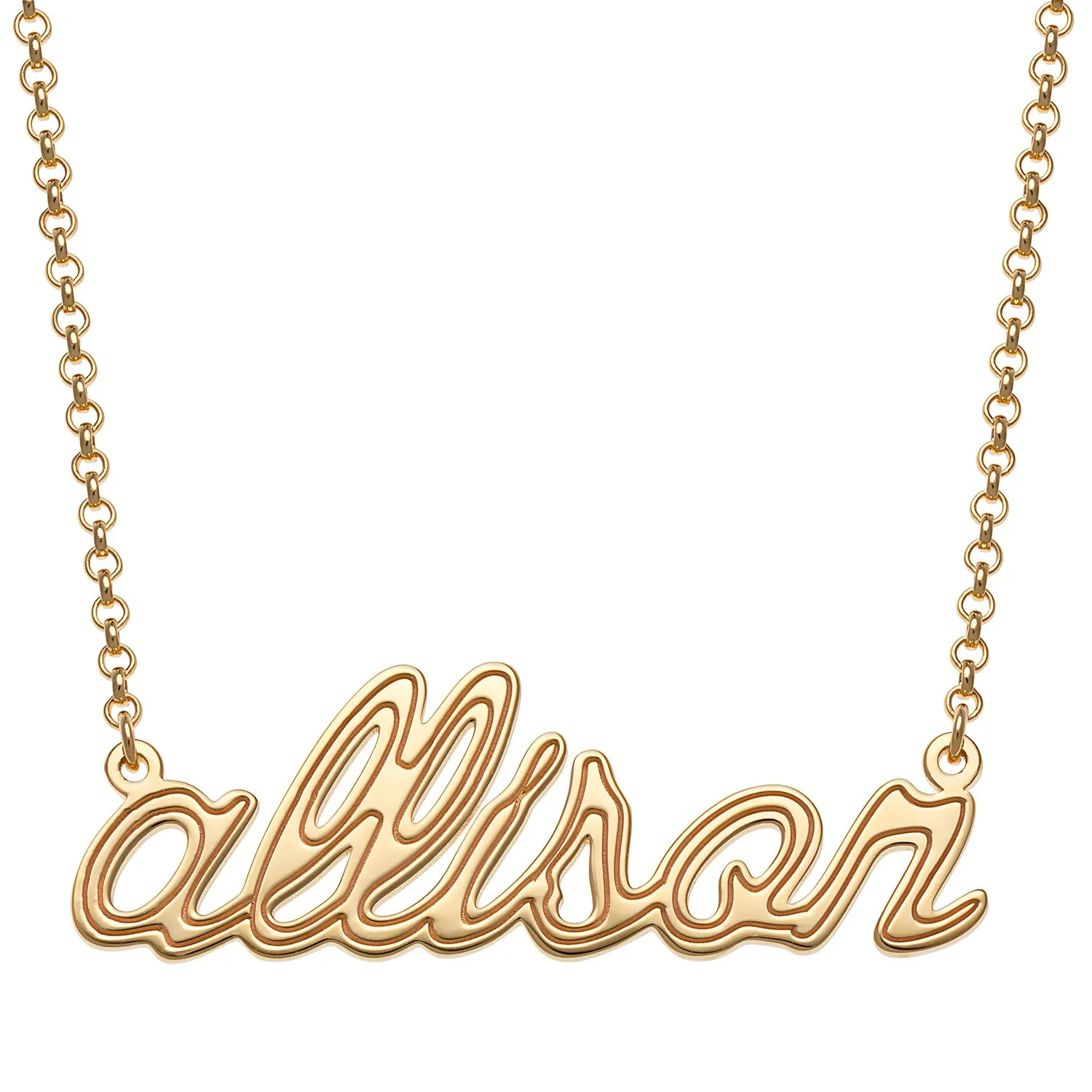 14K Gold over Sterling Lowercase Script Name with Outline Necklace sold by Limoges Jewelry