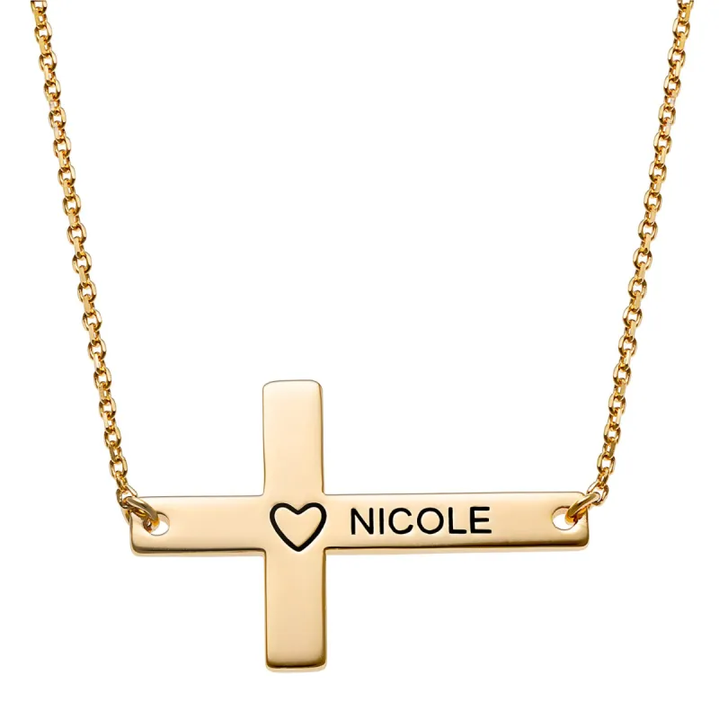 14K Gold over Sterling Personalized Name Sideways Cross with Heart Necklace made by Limoges Jewelry