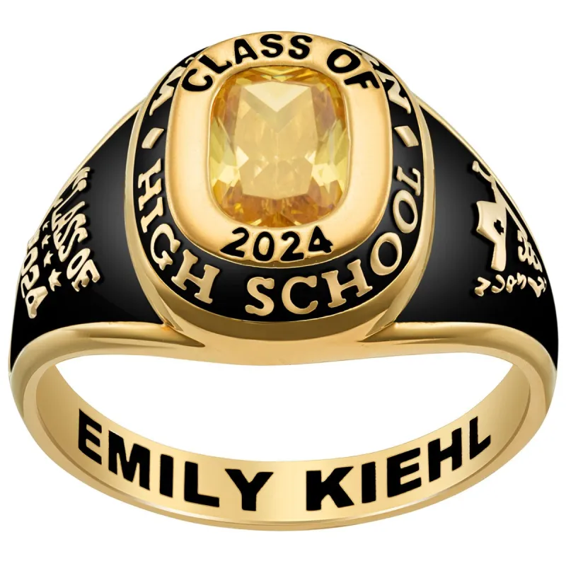Ladies' 14K Gold Plated Traditional Cushion Birthstone Class Ring sold by Limoges Jewelry