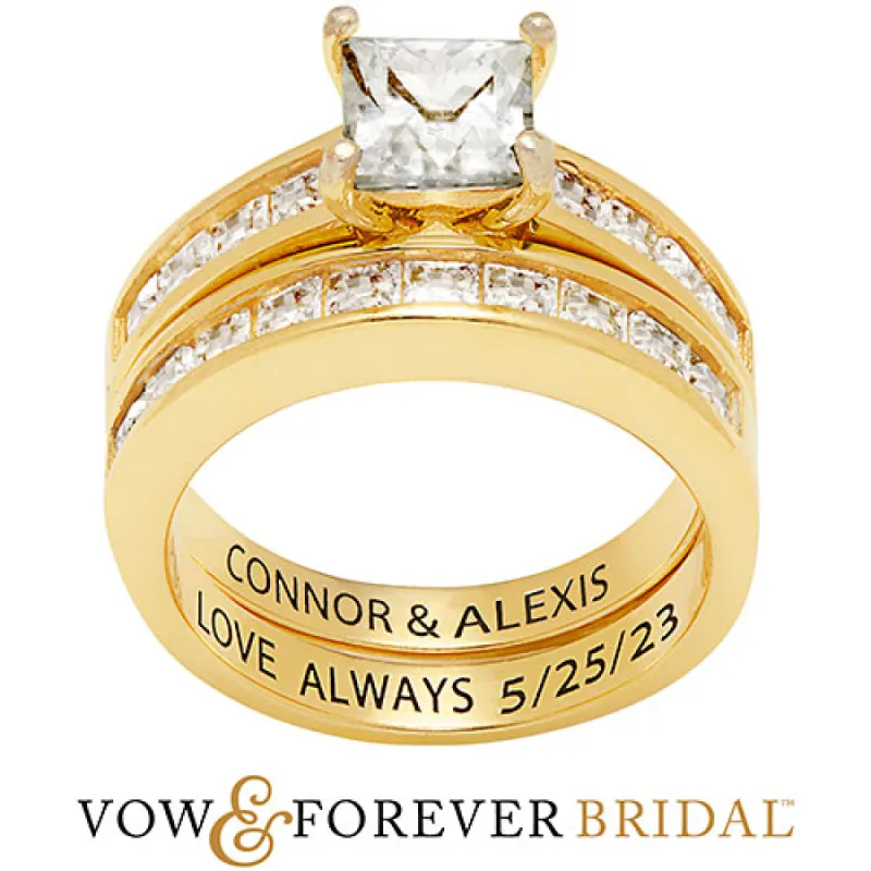 14K Gold over Sterling Square White Topaz 2 Piece Engraved Wedding Set sold by Limoges Jewelry