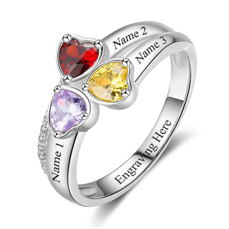 Sterling Silver Engraved Heart Birthstone 3-Stone Family Ring sold by Limoges Jewelry