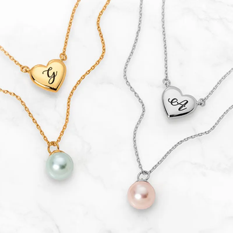 Engraved Heart and Birthstone Pearl Layered Necklace sold by Limoges Jewelry