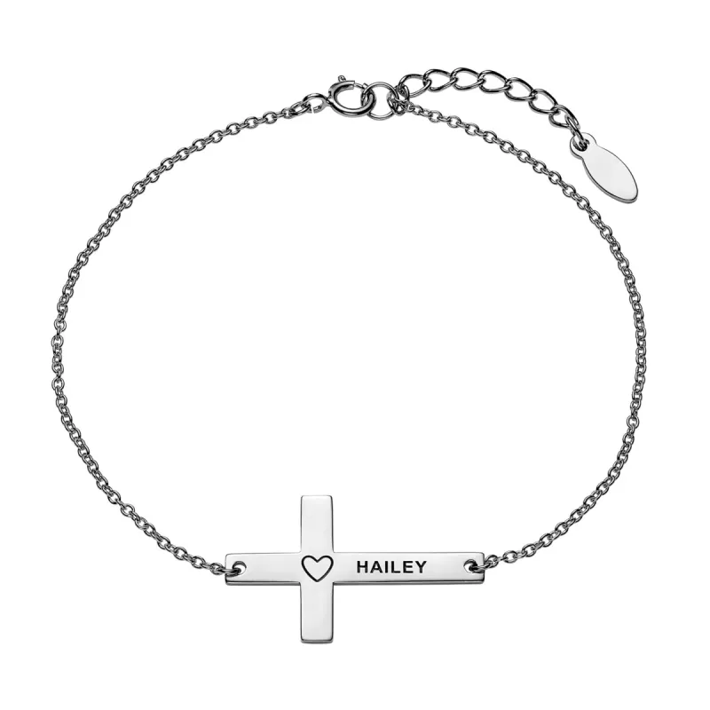 Sterling Silver Engraved Name with Heart Cross Bracelet sold by Limoges Jewelry