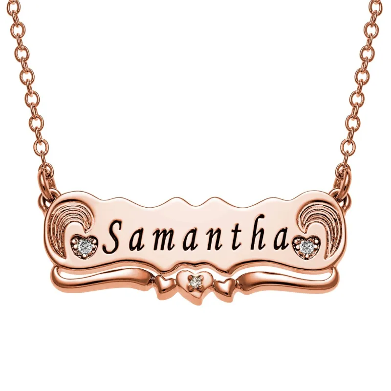 Two Tone Engraved Name with Diamond Accent Plaque Necklace made by Limoges Jewelry