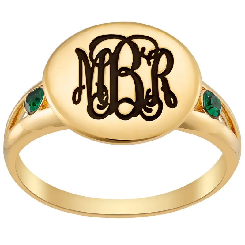 14K Gold Plated Engraved Monogram and Birthstone Double Band Ring sold by Limoges Jewelry