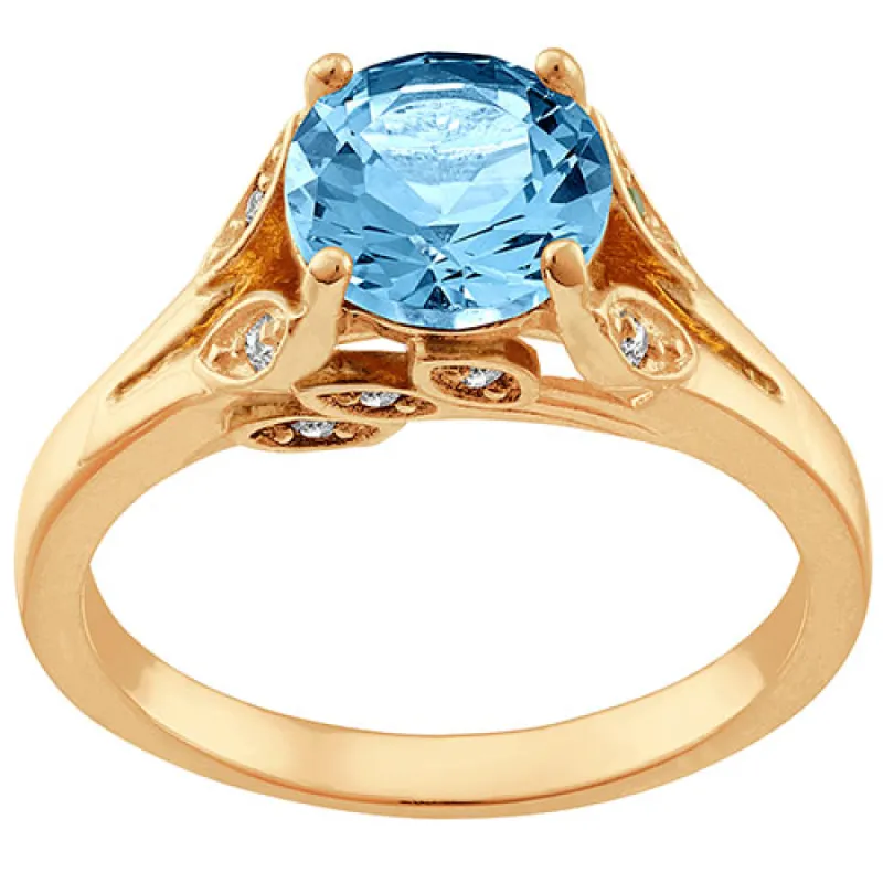 14K Gold Plated Simulated Blue Topaz with Clear Crystal Leaves Ring sold by Limoges Jewelry