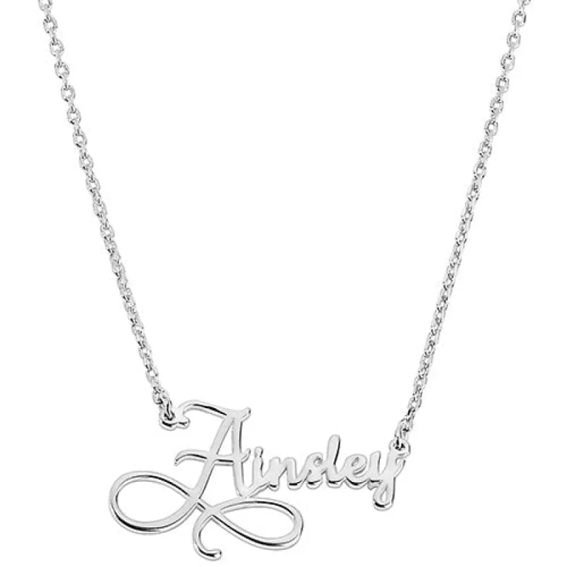 Sterling Silver Script Infinity Name with Free Freshwater Pearl Earrings sold by Limoges Jewelry