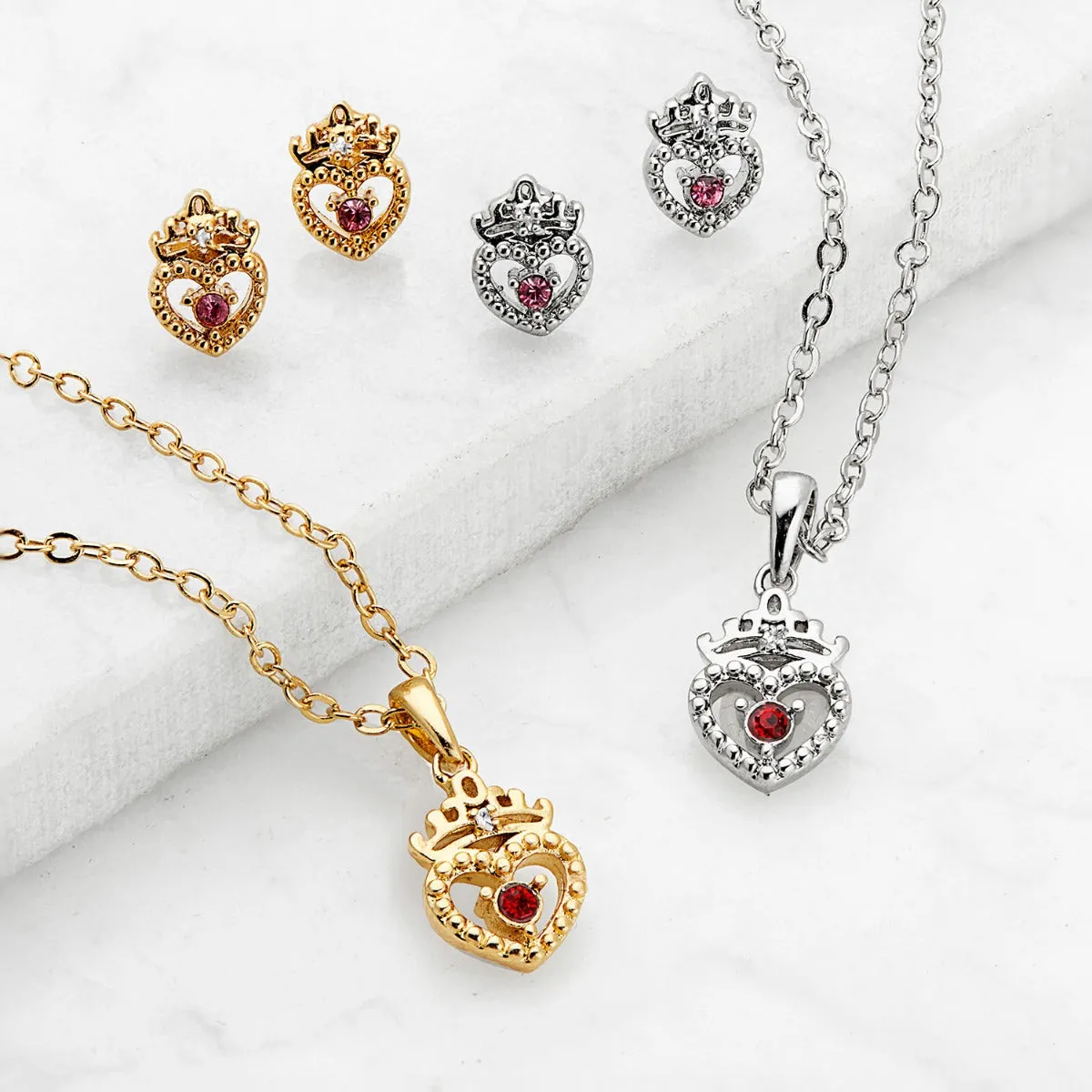 Crown Heart Birthstone and Diamond Necklace and Earring Set sold by Limoges Jewelry