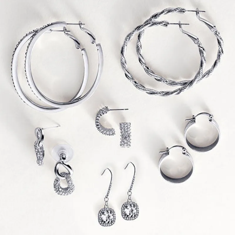6 Pair Silver Plated Hoop Earring Set With Stone Accents sold by Limoges Jewelry