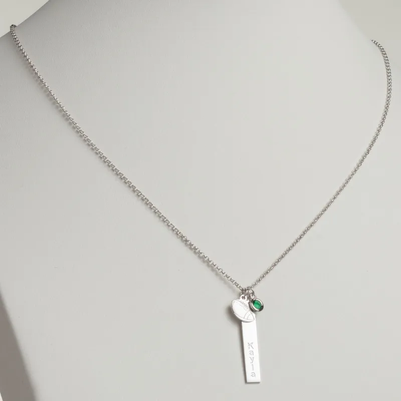 Silver Plated Name Necklace with Football Charm and Birthstone Dangle sold by Limoges Jewelry