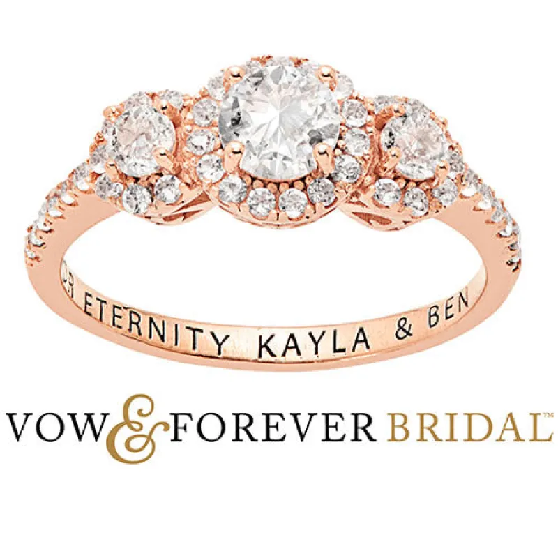 14K Rose Gold over Sterling Halo 3-Stone White Topaz Engraved Engagement Ring sold by Limoges Jewelry
