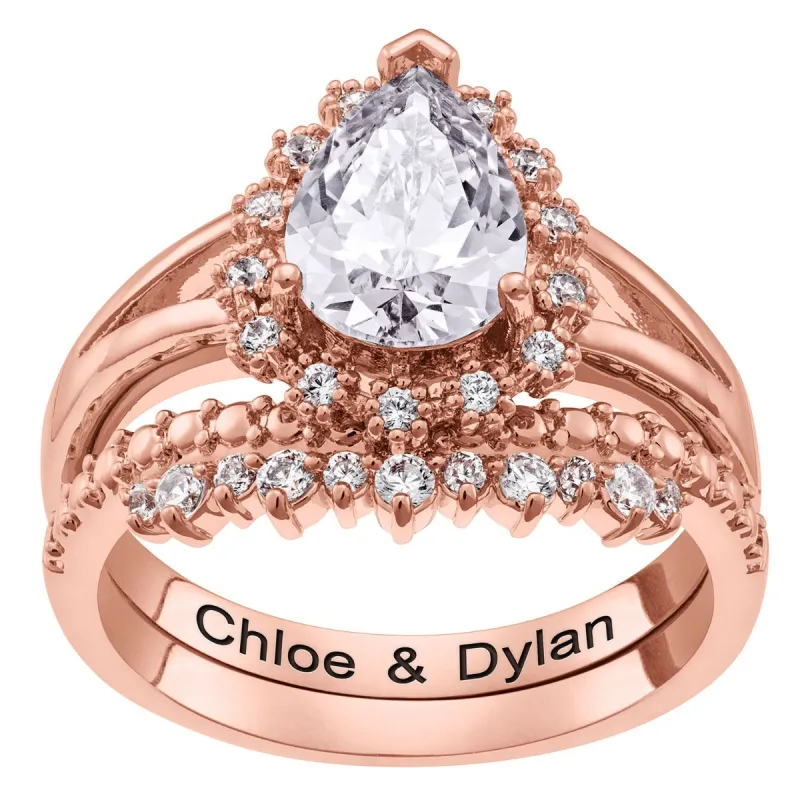 14K Rose Gold Plated Tear Stone 2 Piece Wedding Ring Set sold by Limoges Jewelry